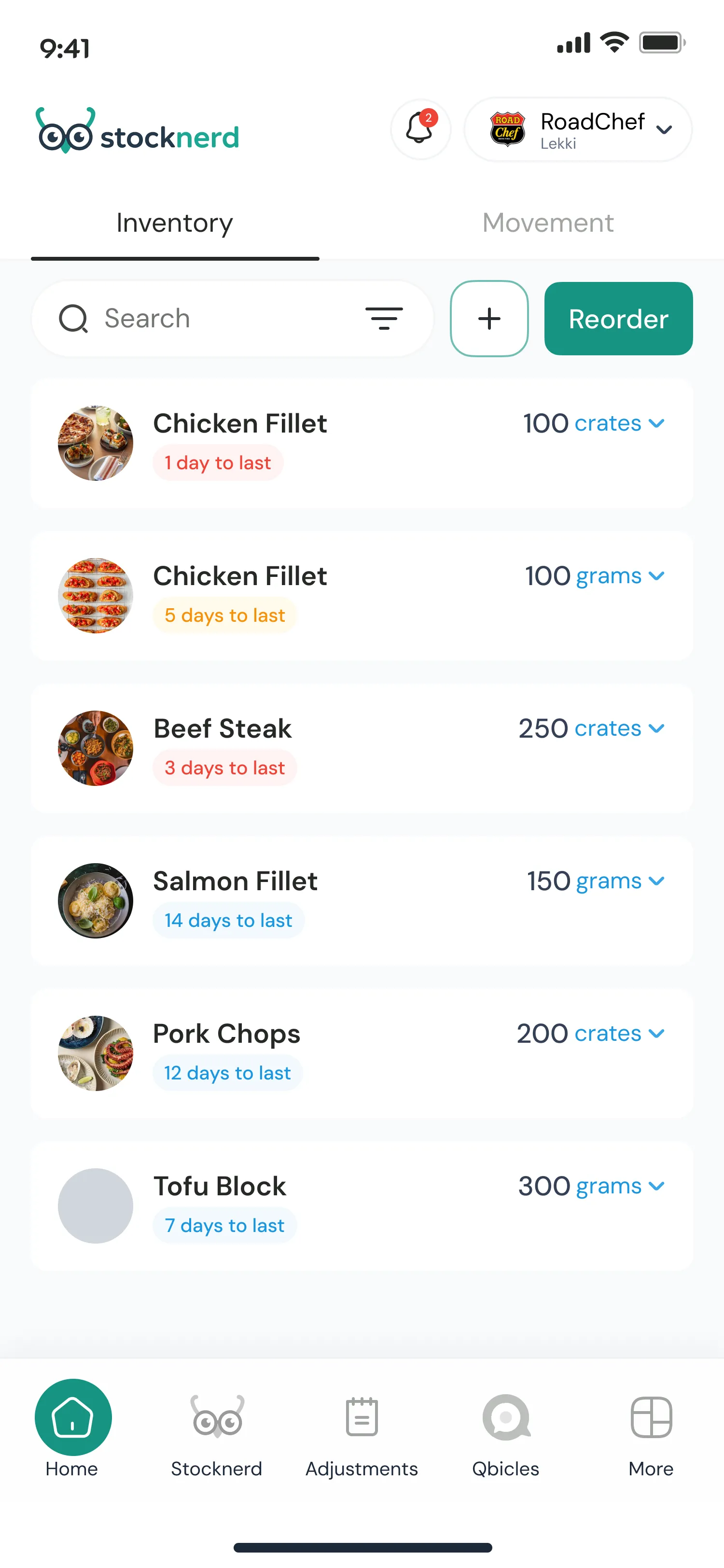 Stocknerd inventory screen showing stock levels for chicken fillet, beef steak and salmon fillet
